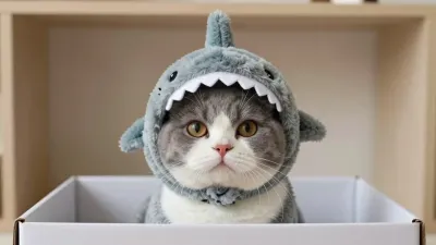 Cat in Shark Hood Relaxing in Box - Animal - AI generated image