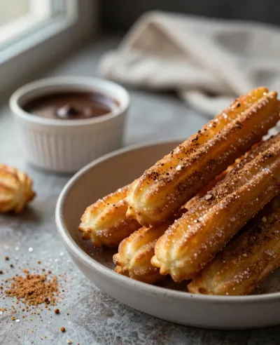 Cinnamon-Sugar Churros in Ceramic Bowl - Food - AI generated image