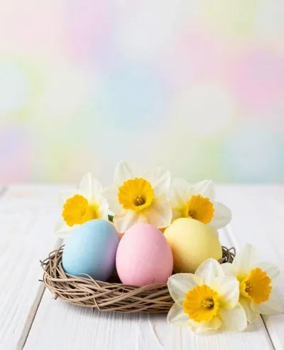 Pastel Eggs and Daffodils in Nest - Easter - AI generated image