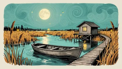 Sunken Boat on Marsh at Moonlit Night - Architecture - AI generated image