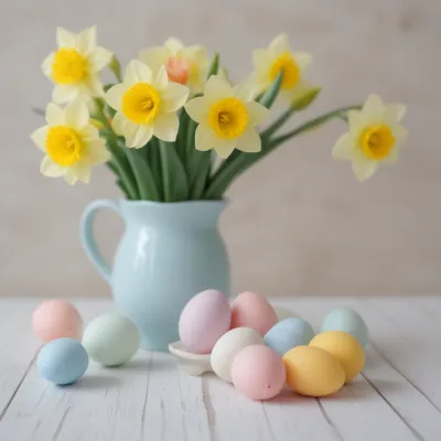 Pastel Daffodils and Eggs in Soft Light - Flowers - AI generated image