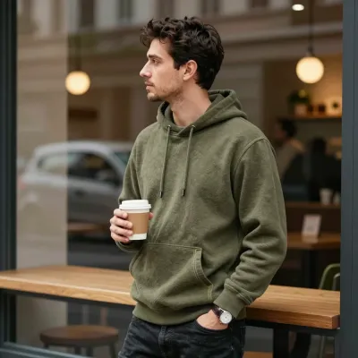 Olive-Hoodie Man Holding Coffee in Cafe - People - AI generated image