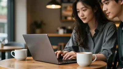 Two Individuals Collaborating on Laptop in Café - People - AI generated image