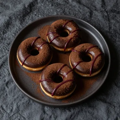 Bitter-Cocoa Donuts Glazed with Chocolate - Food - AI generated image