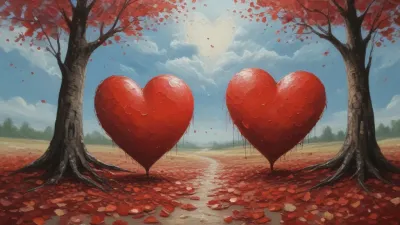 Glossy Red Hearts Dripping in Autumn Landscape - Art - AI generated image