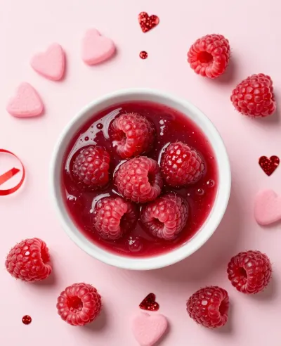 Raspberry Coulis Bowl with Scattered Candies - Food - AI generated image