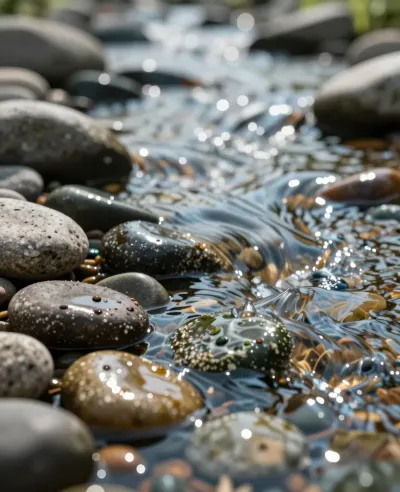 Pebbles and Flowing Water Reflecting Sunlight - Nature - AI generated image