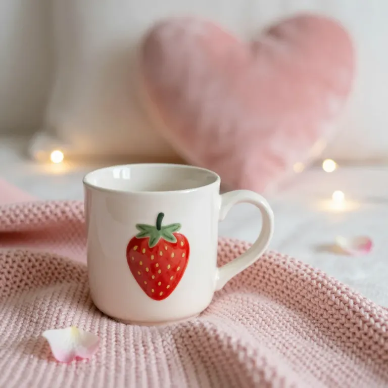 Strawberry Mug on Cozy Blanket - Food & Drink - AI generated image