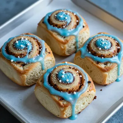 Blue Iced Cinnamon Rolls with White Sprinkles - Bakery - AI generated image