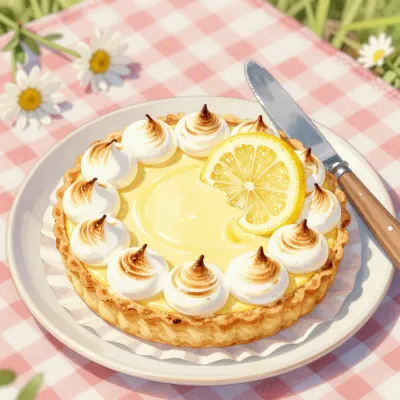 Lemon Tart with Meringue on Picnic Table - Food - AI generated image