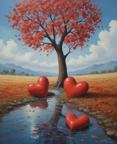 Red Hearts Reflecting in Water Near Tree at Sunset - Landscapes - AI generated image
