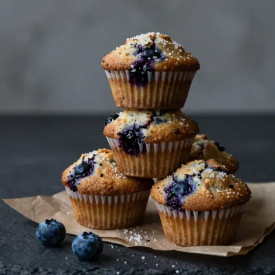Blueberry Muffins Stacked in Tower - Bakery - AI generated image