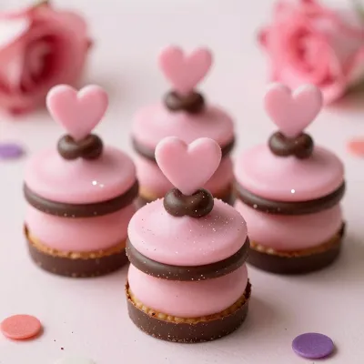 Petit Fours with Pink Frosting and Chocolate Hearts - Food - AI generated image