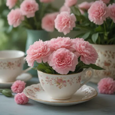 Pink Carnations in Vintage Teacup - Flowers - AI generated image