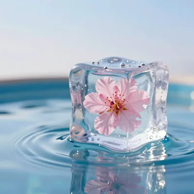 Cherry Blossom Encased in Ice Cube - Nature - AI generated image