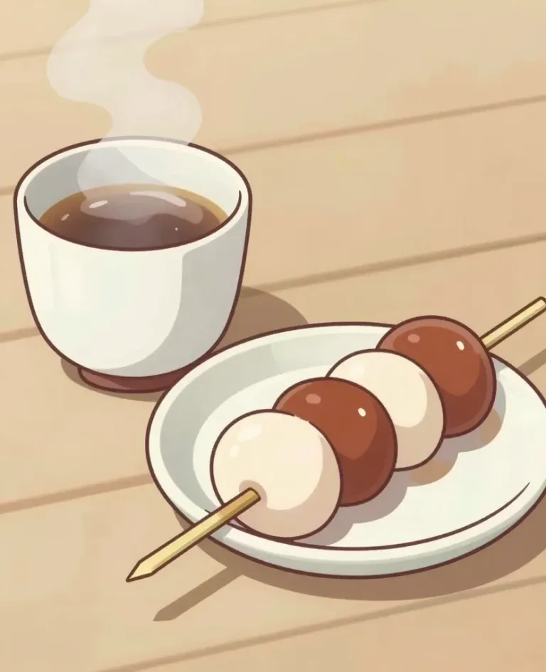 Tea Cup and Dango Skewer on Wooden Table - Food - AI generated image