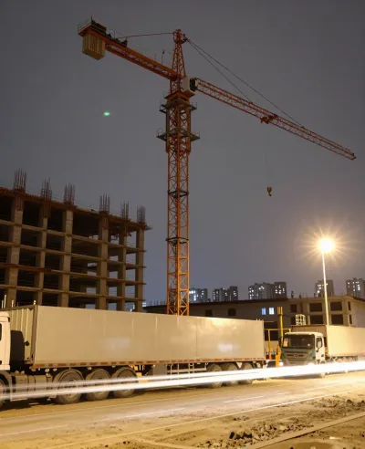 Orange Crane Over Unfinished Building at Night - Construction - AI generated image