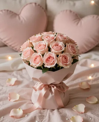 Blush Pink Roses in White Box with Heart Pillows - Flowers - AI generated image