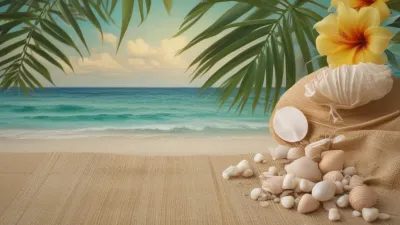 Seashells and Frangipani on Burlap by the Ocean - Beach - AI generated image