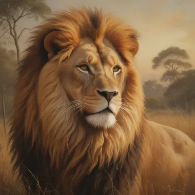 Golden Lion Gazing at Setting Sun - Wildlife - AI generated image