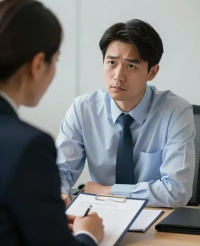 Man in Light Blue Shirt Interviewing - People - AI generated image