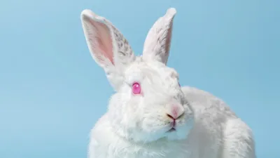 Albino Rabbit Close-Up on Blue Background - Animal - AI generated image