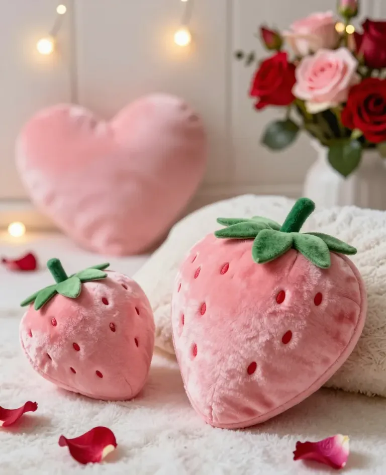 Plush Strawberry Cushions Softly Lit - Furniture - AI generated image