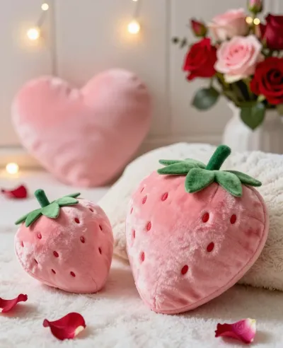 Plush Strawberry Cushions Softly Lit - Furniture - AI generated image