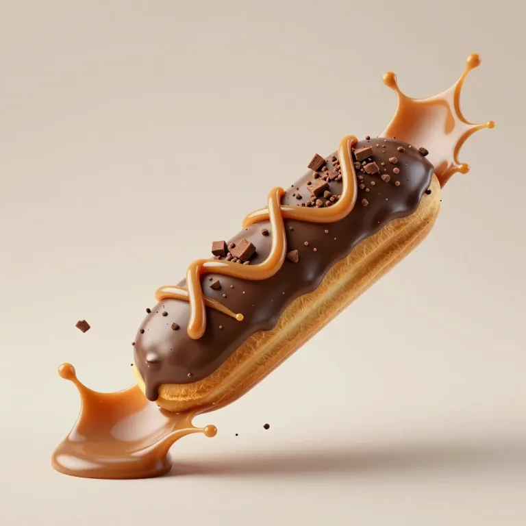 Golden Éclair with Chocolate Glaze and Caramel Splash - Food - AI generated image