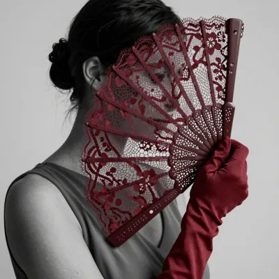 Burgundy Lace Fan Framing Woman's Face - Fashion - AI generated image