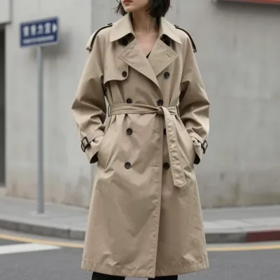 Person in Beige Trench Coat on Urban Corner - Fashion - AI generated image