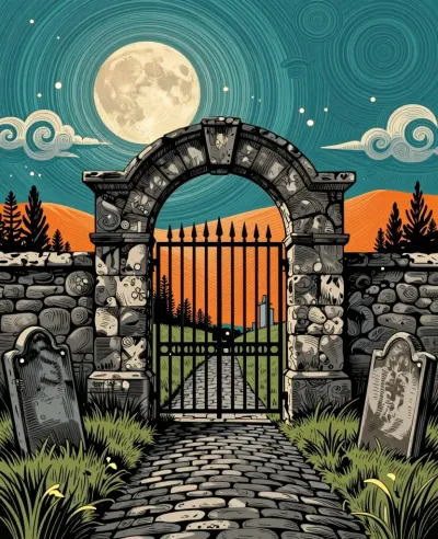 Stone Archway with Metal Gate Moonlit - Architecture - AI generated image