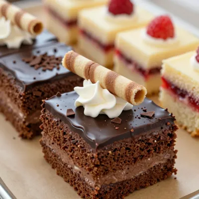 Chocolate Brownie with Ganache and Whipped Cream Garnish - Dessert - AI generated image