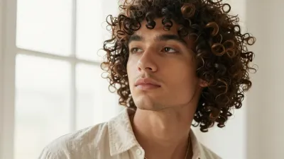 Curly-Haired Man Gazing Upward with Halo Effect - Portrait - AI generated image