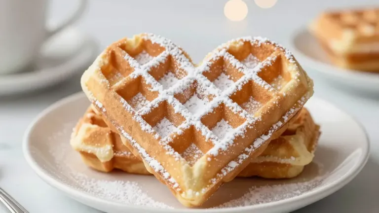 Heart-Shaped Waffles Stacked with Powdered Sugar - Food - AI generated image