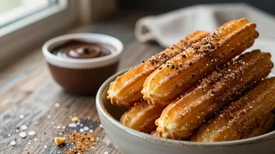 Crispy Churros with Cinnamon Sugar and Chocolate Sauce - Food - AI generated image