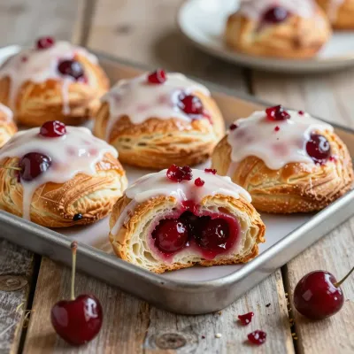 Cherry Danish Pastries Glazed with Fresh Cherries - Food - AI generated image