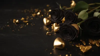 Black Roses and Golden Hearts Luxurious Display - Flowers - AI generated image