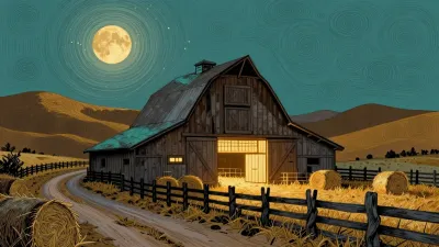 Barn with Hay Bales Moonlit Night - Architecture - AI generated image