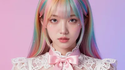 Rainbow-Haired Model in Lace Collar - Fashion - AI generated image