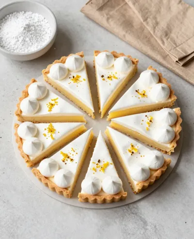 Sliced Lemon Tart with Whipped Cream and Gold Flakes - Food - AI generated image