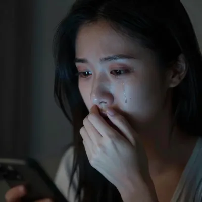 Anxious Woman Holding Phone in Low Light - Portrait - AI generated image