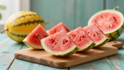 Mini Watermelon Wedges on Cutting Board - Food - AI generated image