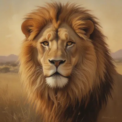 Golden Lion's Head in Savanna - Wildlife - AI generated image