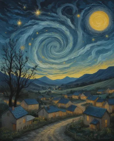 Village Houses with Stone Roofs in Starry Night - Architecture - AI generated image