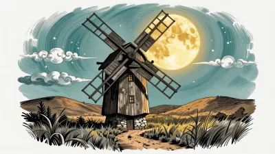 Crooked Windmill Under Full Moon - Architecture - AI generated image