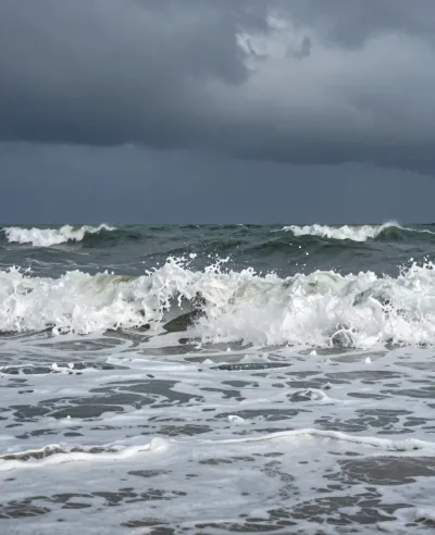 Crashing Waves Frothy Foam Overcast Sky - Seascape - AI generated image