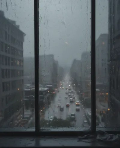 Raindrops on Window, Cityscape at Dusk - Urban - AI generated image