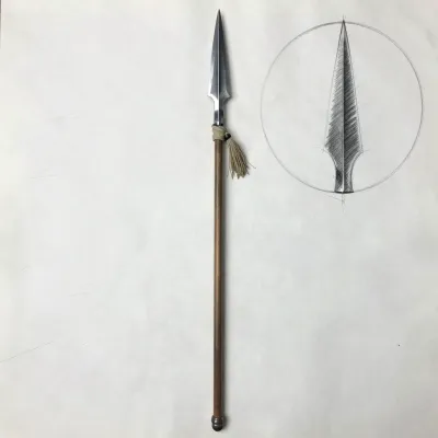 Crescent Spearhead with Wooden Shaft and Tassel - Weapons - AI generated image