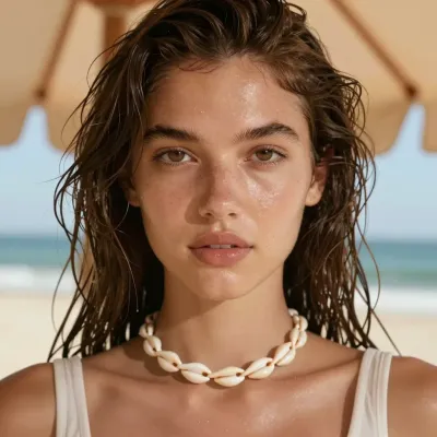 Wet-Haired Model with Seashell Necklace on Beach - Portrait - AI generated image